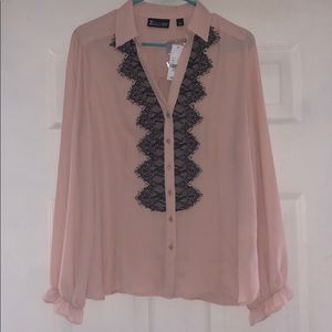 Soft Pink Button Down Shirt with Lace Detail